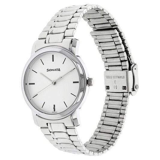 Sonata 1013SM01 Quartz Analog White Dial Stainless Steel Strap Watch for Men – White/Silver