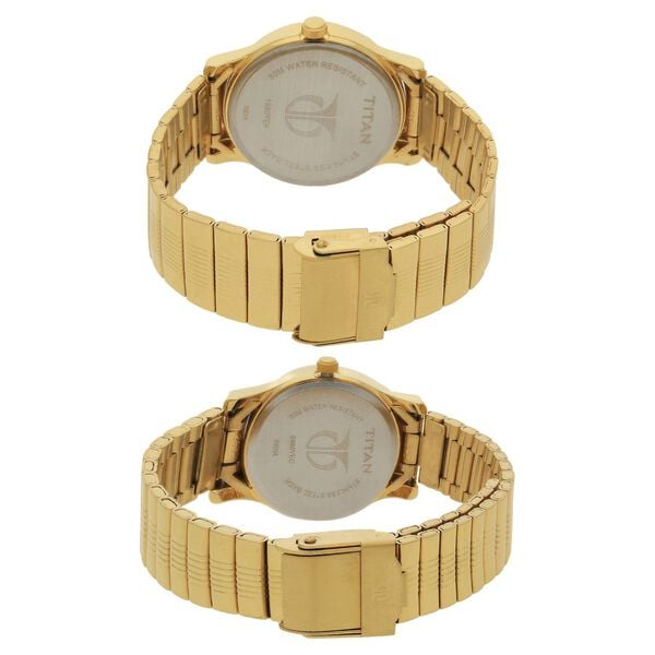 Titan 15802490YM04 White Dial Gold Metal Strap Couple Analog Watch Set