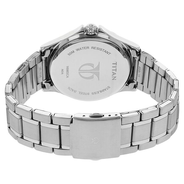 Titan 1698SM01 Black Dial Analog Quartz Multifunction Stainless Steel Men’s Watch – Silver Band, Round Case, Push-Button Clasp