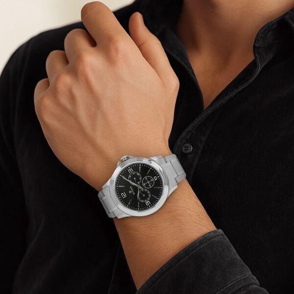 Titan 1698SM01 Men’s Quartz Multifunction Watch with Black Dial & Silver Stainless-Steel Strap