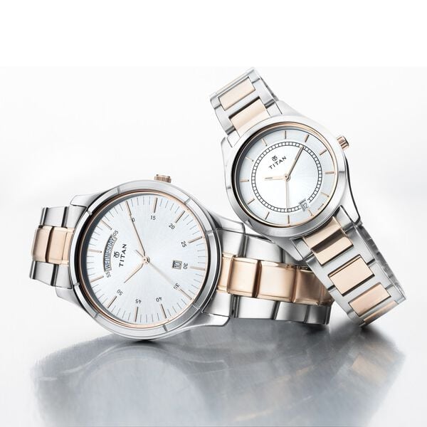 Titan 17672596KM01P Couple Analog Quartz Watch Set – Silver Dial, Two-Tone Stainless Steel Straps