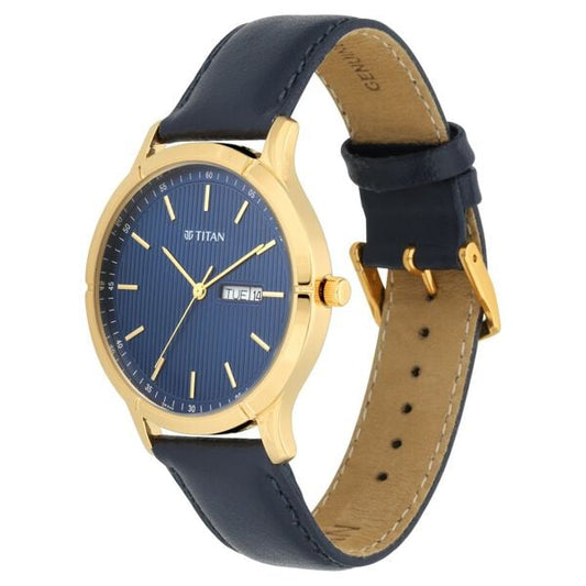 Titan 1775YL02 Blue Dial Analog Watch for Men – Black Leather Strap, Quartz Movement