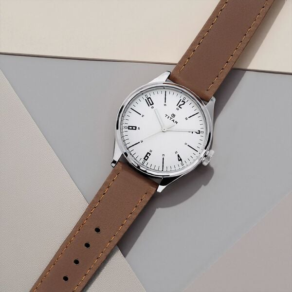 Titan 1802SL01 Men’s Silver-Dial Analog Watch with Brown Leather Strap