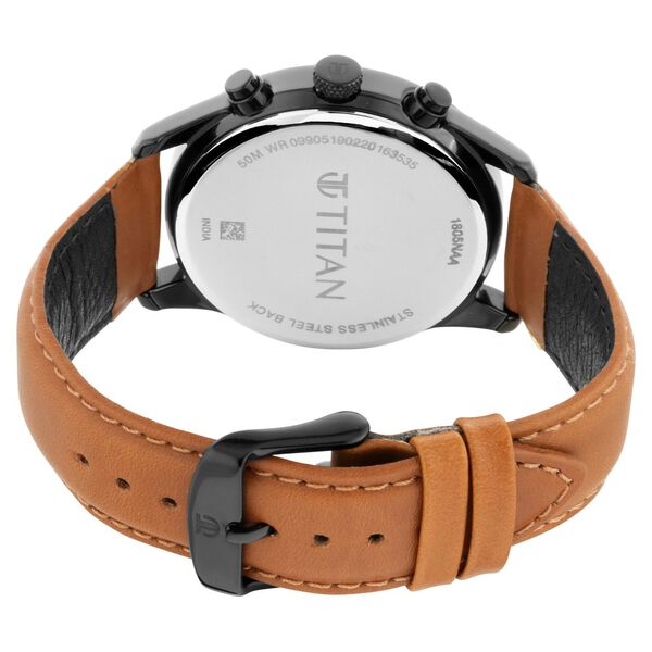 Titan 1805NL02 Men’s Quartz Analog Black Dial Tan Leather Strap Multifunction Watch
