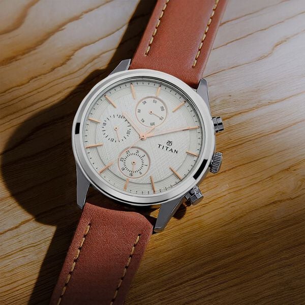 Titan 1805SL01 Men’s White Dial Brown Leather Strap Quartz Multifunction Analog Watch – Round Metal Case, Day/Date/24‑Hr Sub‑dials, Mineral Glass, Water‑Resistant