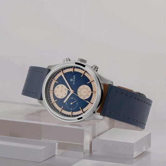 Titan 1805SL02 Men’s Quartz Multifunction Analog Blue Dial Watch with Blue Leather Strap