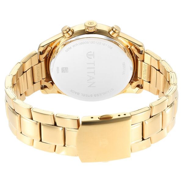 Titan 1805YM01 Men’s Silver Multifunction Quartz Analog Watch – Gold Stainless Steel Strap, Round Metal Case, Day & Date Display