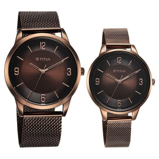 Titan 18062648QM01 Unisex Brown-Dial Analog Watch Set with Stainless Steel Strap