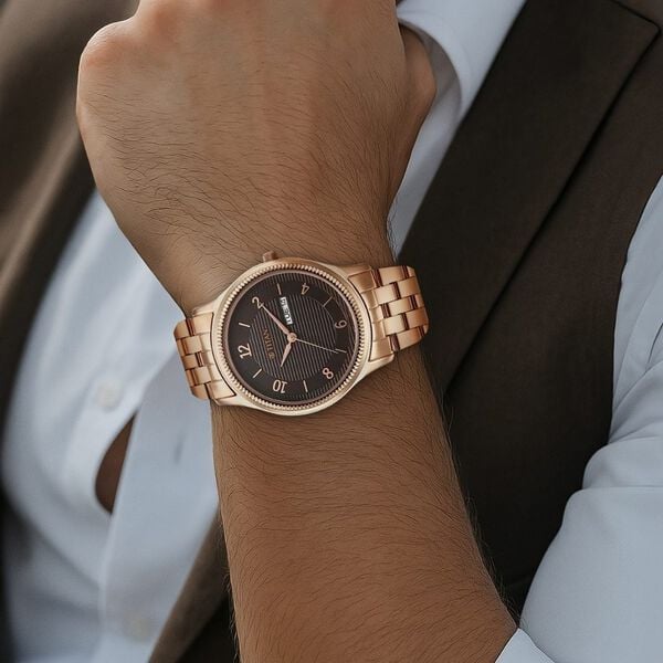 Titan 1824WM01 Men’s Quartz Analog Brown Dial Watch with Rose-Gold Stainless Steel Strap