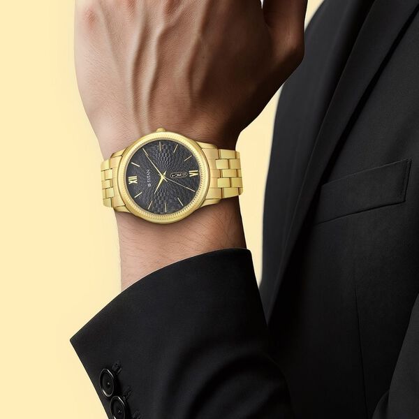 Titan 1824YM01 Men’s Quartz Analog Watch with Black Dial & Gold-Tone Metal Strap