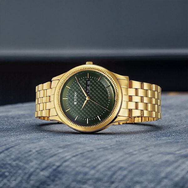 Titan 1824YM02 Men’s Green-Dial Analog Watch with Gold Stainless Steel Strap