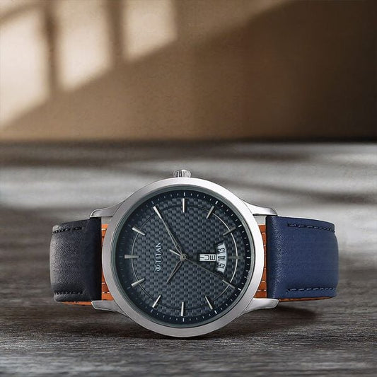 Titan 1825SL14 Men Dark Blue Dial Leather Strap Quartz Analog Watch