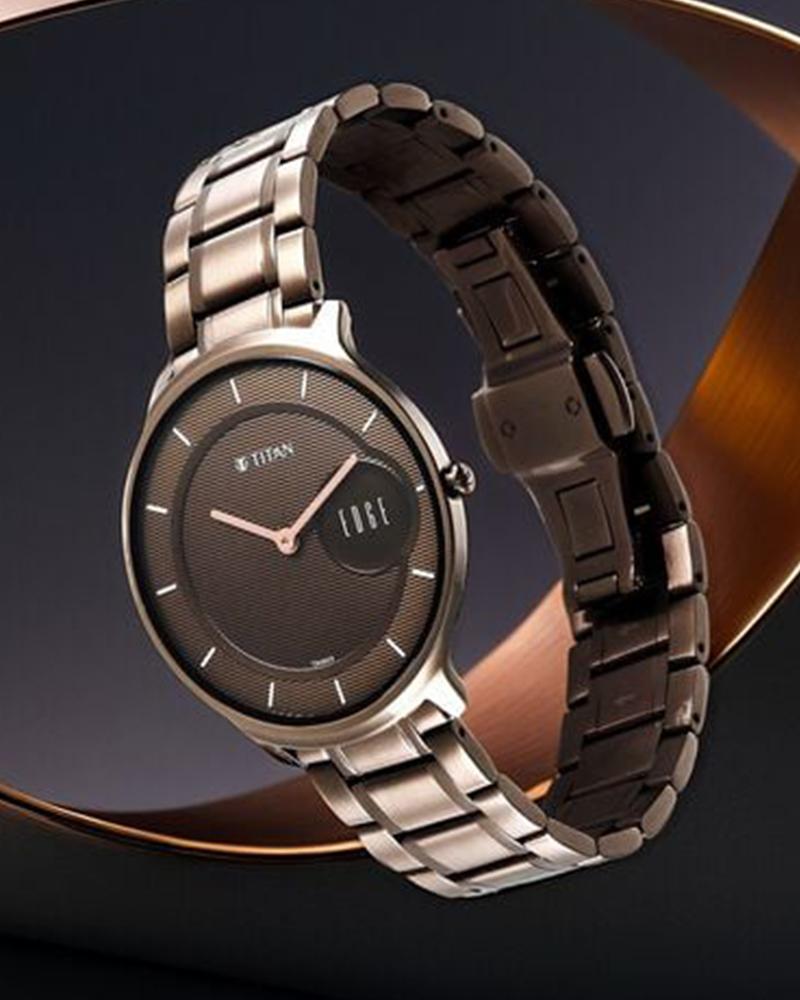 Titan 1843QM02 Edge Baseline Quartz Analog Brown Dial Grey Stainless Steel Men's Watch