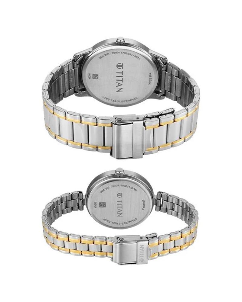 Titan 19692969BM01 Bandhan Eternal Pair Quartz Analog Silver Dial Two-Tone Stainless Steel Couple Watch