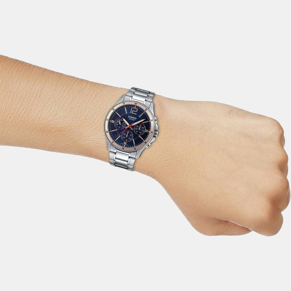 Casio A1885 Enticer Men’s Quartz Analog Watch with Blue Multi-Dial, Silver Stainless Steel Strap