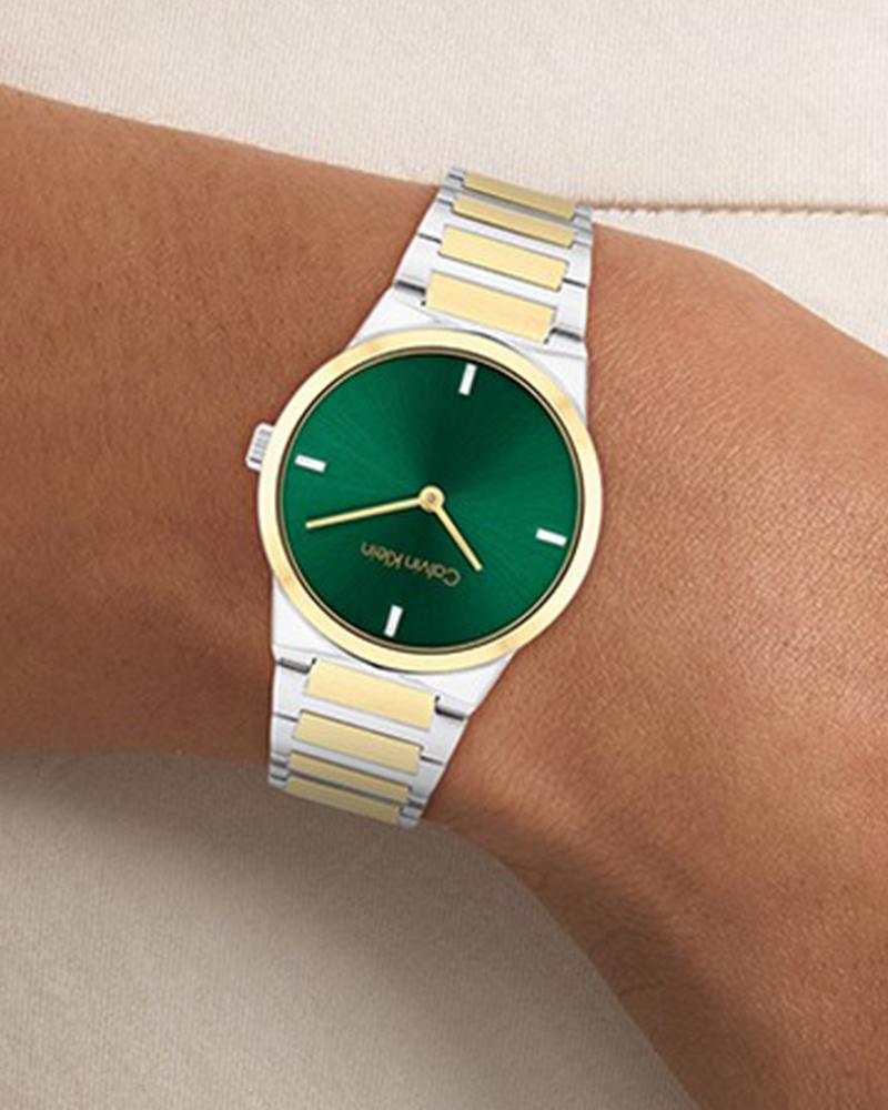 Calvin Klein 25100087 CK Linear Elegance Women’s Quartz Analog Watch with Green Dial, Silver Stainless Steel Strap