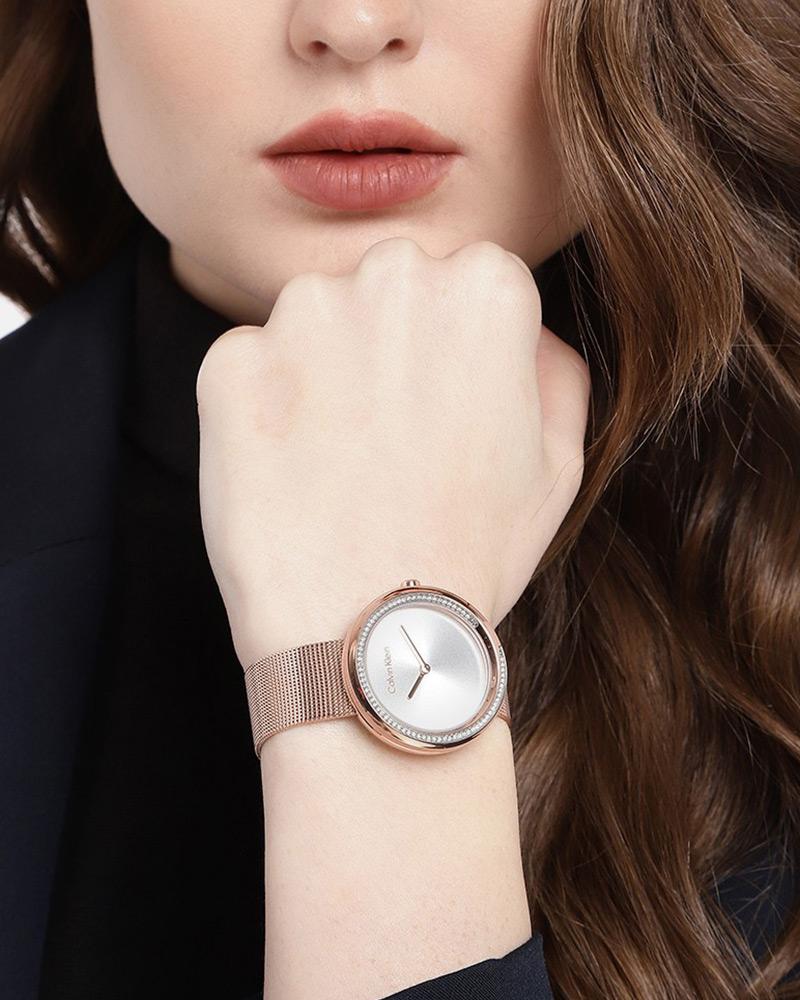Calvin Klein 25200312 Women’s Twisted Bezel Quartz Watch with Silver Dial & Rose-Gold Stainless-Steel Strap
