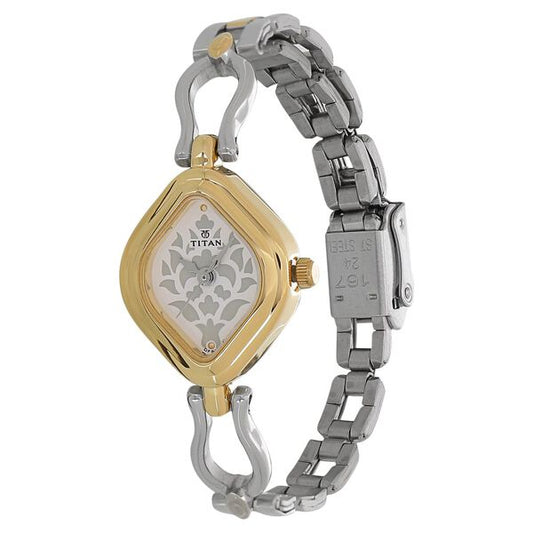 Titan 2536BM02 White Dial Analog Watch for Women – Two-Tone Stainless Steel Bracelet, Quartz Movement, Mineral Glass, Navette Metal Case