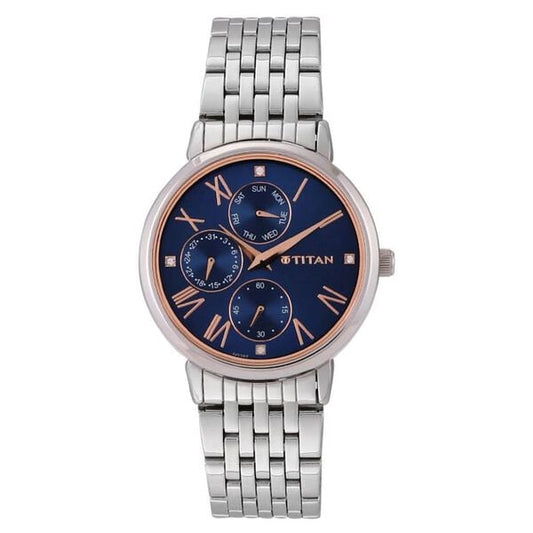 Titan 2569SM01 Women’s Blue-Dial Multifunction Stainless Steel Watch