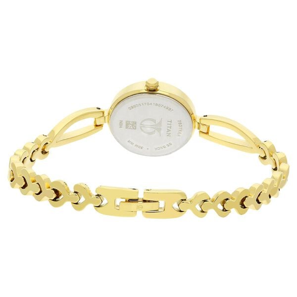 Titan– 2601YM01 Quartz Analog Women’s Watch with Champagne Dial & Golden Metal Strap