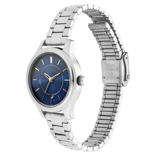 Titan 2638SM01 Quartz Analog With Date Blue Dial Silver Metal Strap Women Watch