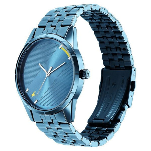Fastrack 3277QM01 Analog Quartz Men Watch – Blue Dial, Blue Stainless Steel Strap, 50 m Water Resistance