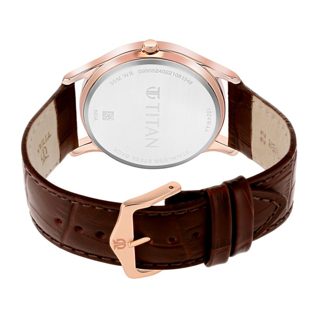 Titan 1824WL02 White Dial Day & Date Men's Brown Leather Analog Watch