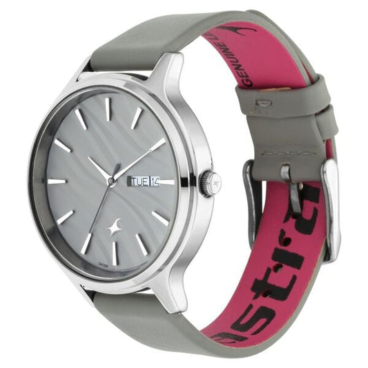 Fastrack 6207SL01 Analog Quartz Women Watch – Grey Dial, Grey Leather Strap, Day & Date Function