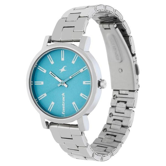 Fastrack 68010SM02 Quartz Analog Women’s Watch | Blue Dial | Silver Stainless Steel Bracelet | Round Case | Mineral Glass | 30 m Water Resistant | 24 Months Warranty — part of the Fastrack Fundamentals series