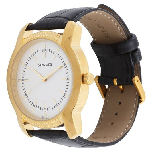 Sonata 7093YL01 Analog Quartz Men White Dial Black Leather Strap Watch