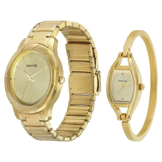 Sonata 71258114YM01 Analog Quartz Couple Beige Dial Gold Stainless Steel Bracelet Watch