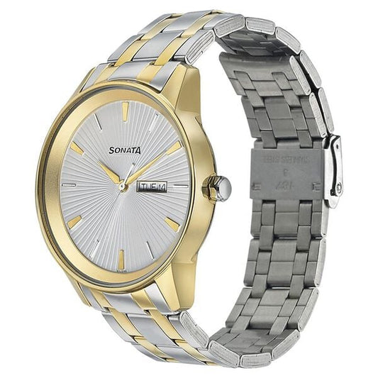 Sonata 7133BM01 Analog Quartz Men Watch with Silver Dial & Bimetal Strap