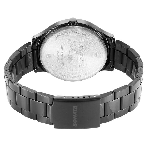 Sonata 7140NM01 Analog Quartz Multifunction Watch for Men – Black Dial, Black Stainless Steel Strap