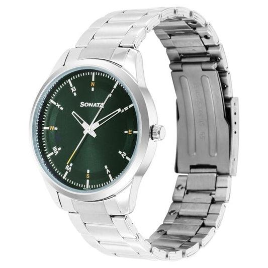 Sonata 7146SM03 Force Quartz Analog Green Dial Stainless Steel Strap Watch for Men