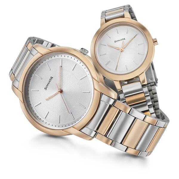 Sonata 770318141KM01P Quartz Analog Silver Dial Two-Toned Metal Strap Couple Watch