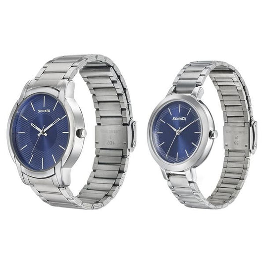 Sonata 770318141SM01P Quartz Analog Blue Dial Metal Strap Couple Watch Set