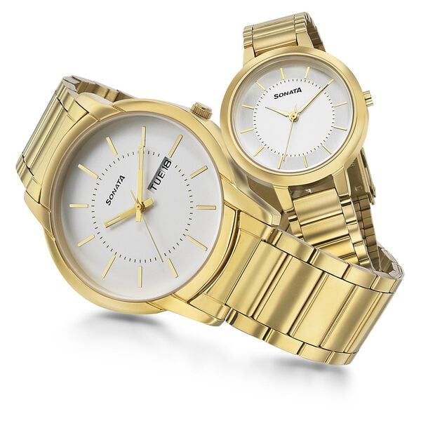 Sonata 770318141YM01 Stylish White & Gold Couple’s Quartz Analog Watch Set