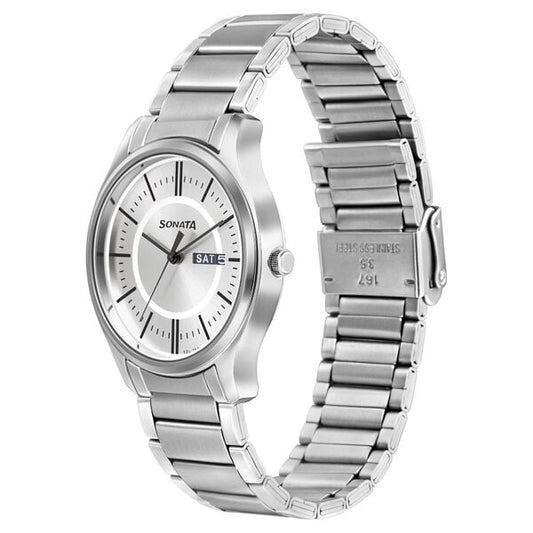 Sonata 77082SM02W Quartz Analog Silver Dial Stainless Steel Strap Watch for Men