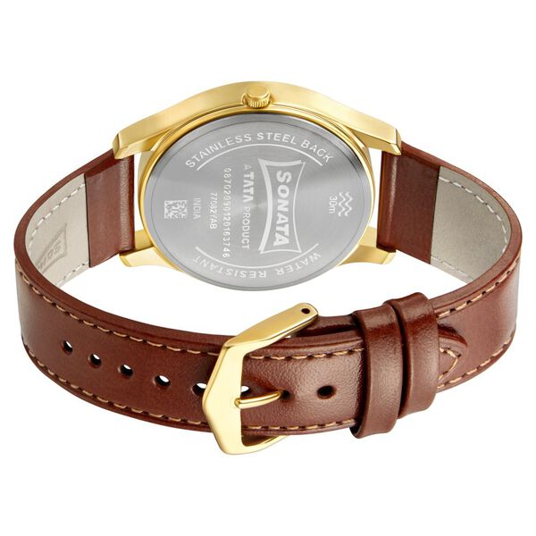 Sonata 77082YL06W Men Quartz Day-Date Champagne Dial Brown Leather Watch
