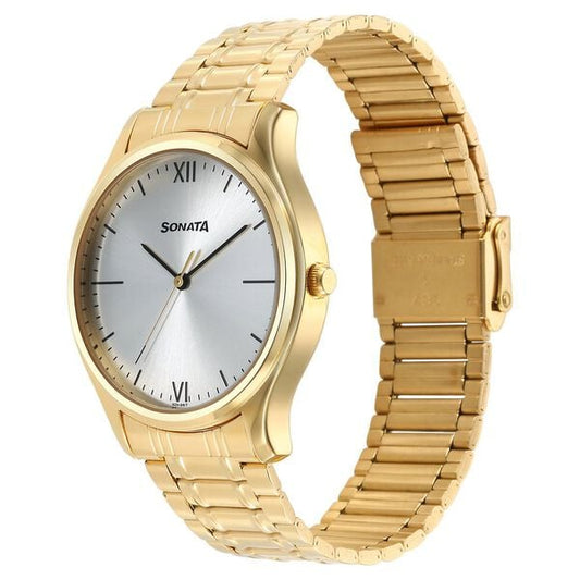 Sonata 77082YM06 Quartz Analog Silver Dial Stainless Steel Strap Watch for Men