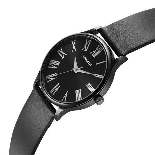Sonata 77105NL08W Aspire Quartz Analog Black Dial Black Leather Strap Watch for Men
