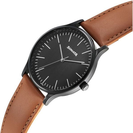 Sonata 77105NL15W Men Aspire Quartz Black Dial Brown Leather Strap Watch