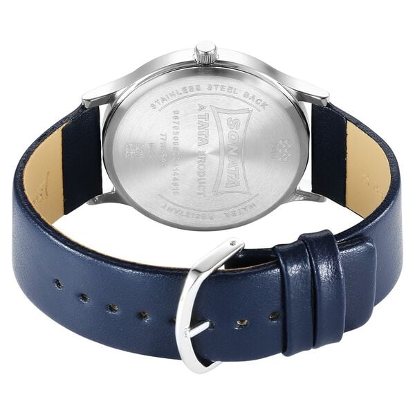 Sonata 77105SL18W Aspire Quartz Analog Black Dial Blue Leather Strap Watch for Men