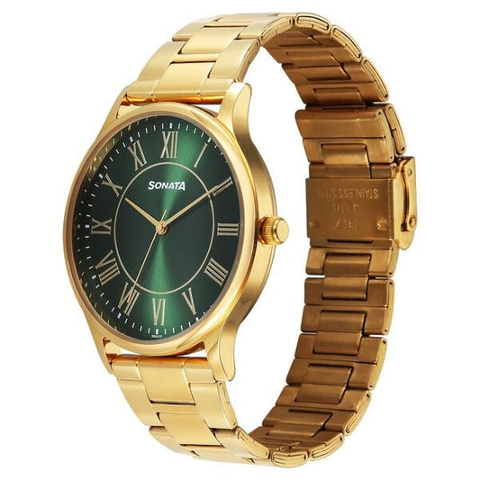 Sonata 77105YM07W Analog Quartz Watch for Men – Green Dial, Golden Metal Strap