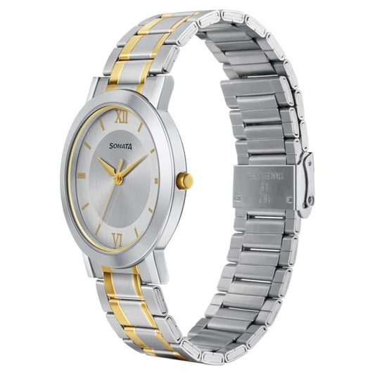 Sonata 77108BM02W Analog Quartz Watch for Men – Silver Dial, Two‑Tone Stainless Steel Strap