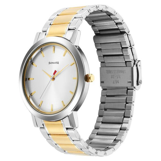Sonata 77108BM04 Utsav Quartz Analog Silver Dial Two-Toned Stainless Steel Strap Watch for Men