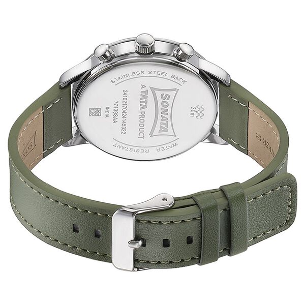 Sonata 77139SL02 Multifunction Quartz Analog Green Dial Green Leather Strap Watch for Men