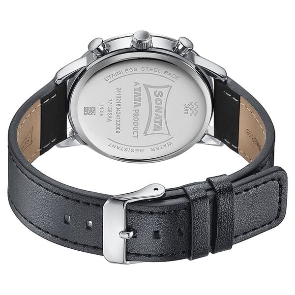 Sonata 77139SL03 Quartz Multifunction Analog Black Dial Black Leather Strap Watch for Men