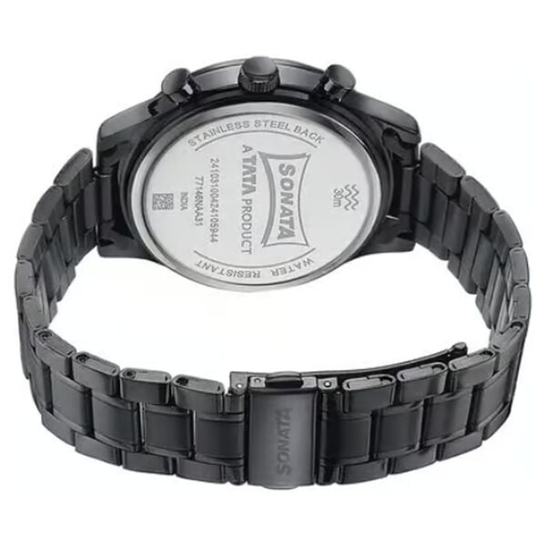 Sonata 77146NM01 Wedding Edit Quartz Analog Multifunction Black Dial Stainless Steel Strap Watch for Men