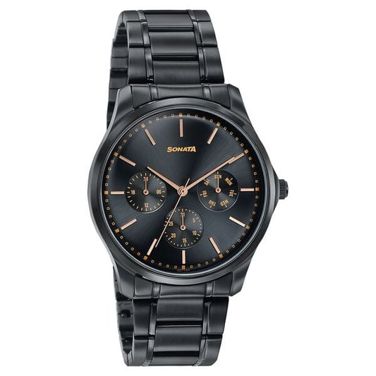 Sonata 77163NM02 Axis Quartz Analog Multifunction Black Dial Black Metal Strap Men's Watch